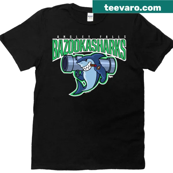 T-shirt featuring playful shark illustration with bold graphics