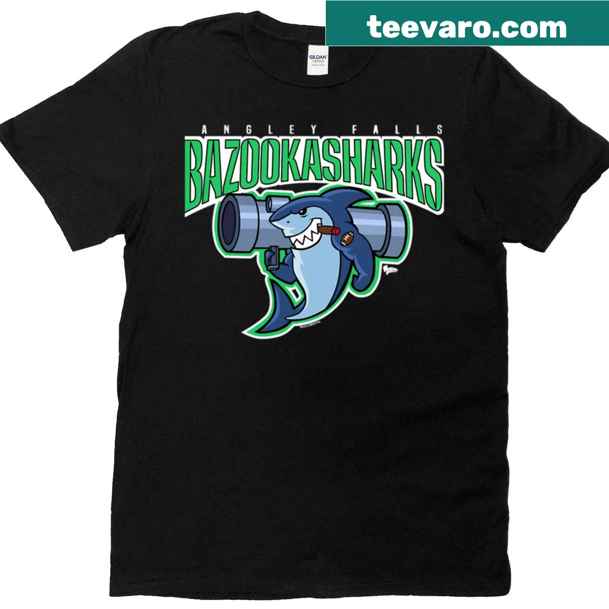T-shirt featuring playful shark illustration with bold graphics — on a men's t-shirt