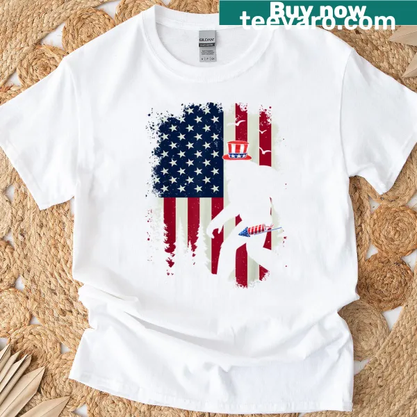 Bigfoot and fireworks illustration on T-shirt for Fourth of July