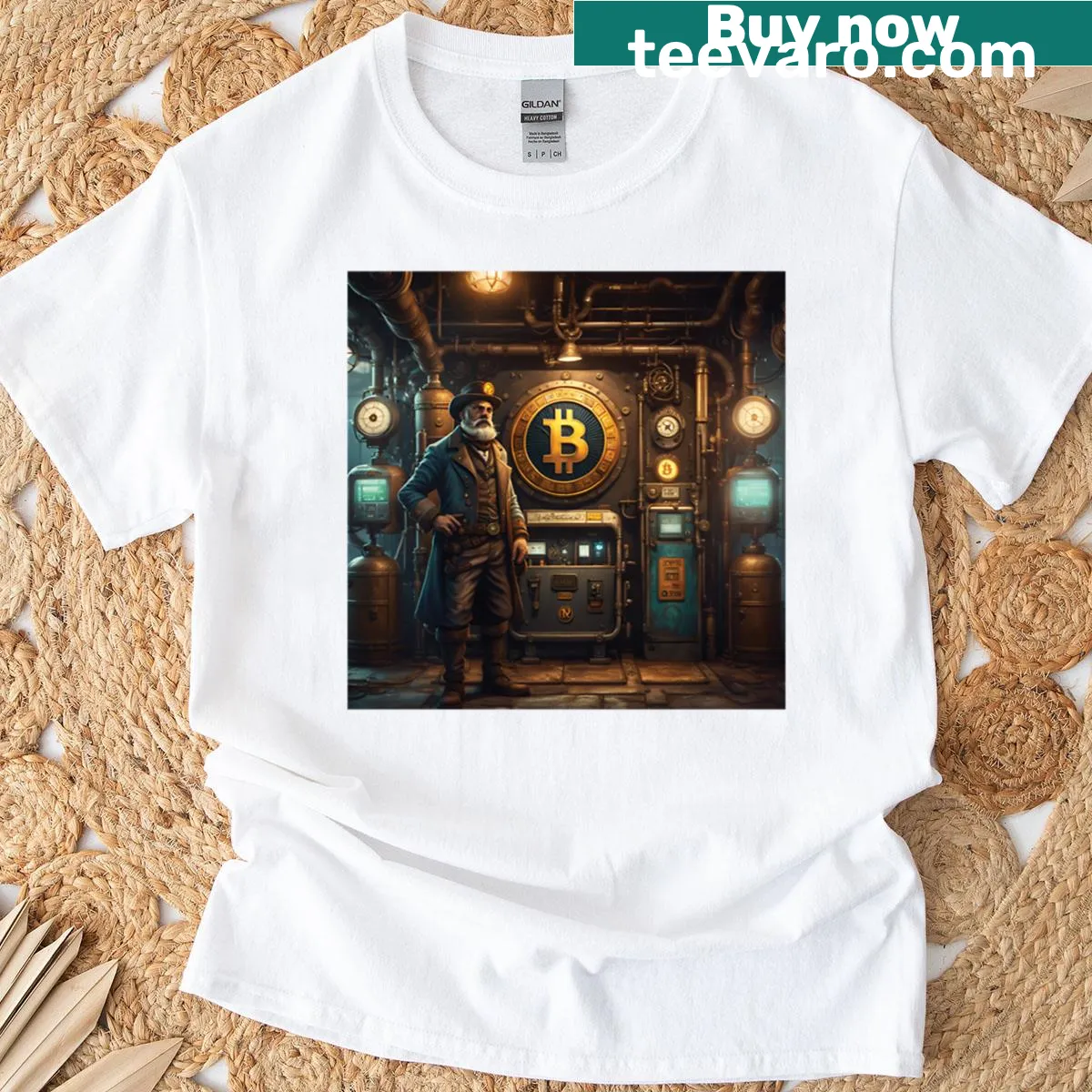 Bitcoin 49er t-shirt featuring typography of the Bitcoin logo — on a men's t-shirt
