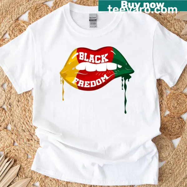 T-shirt featuring bold lips design celebrating Juneteenth and freedom.