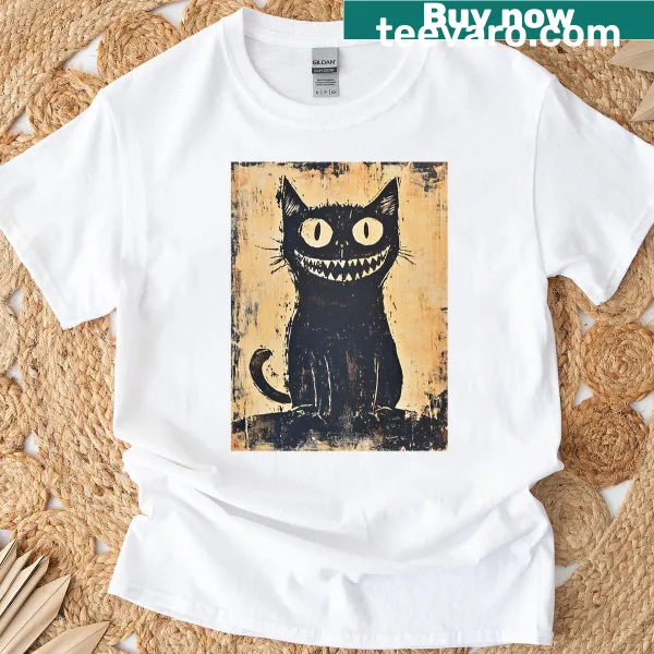 Block print shirt featuring a slightly mad cat graphic