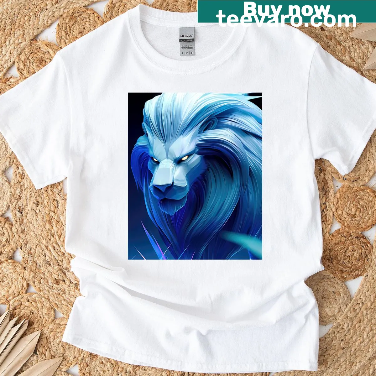 Cartoon graphic T-shirt featuring a blue ghost lion illustration — on a men's t-shirt