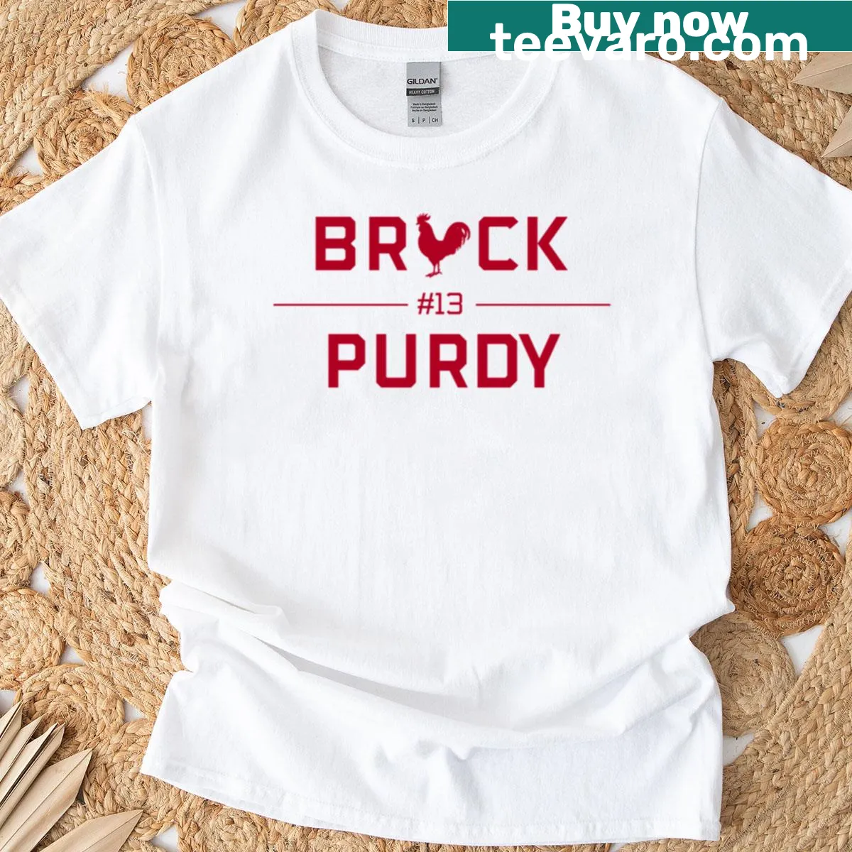 Red T-shirt featuring Brock Purdy's name and number 13 — on a men's t-shirt