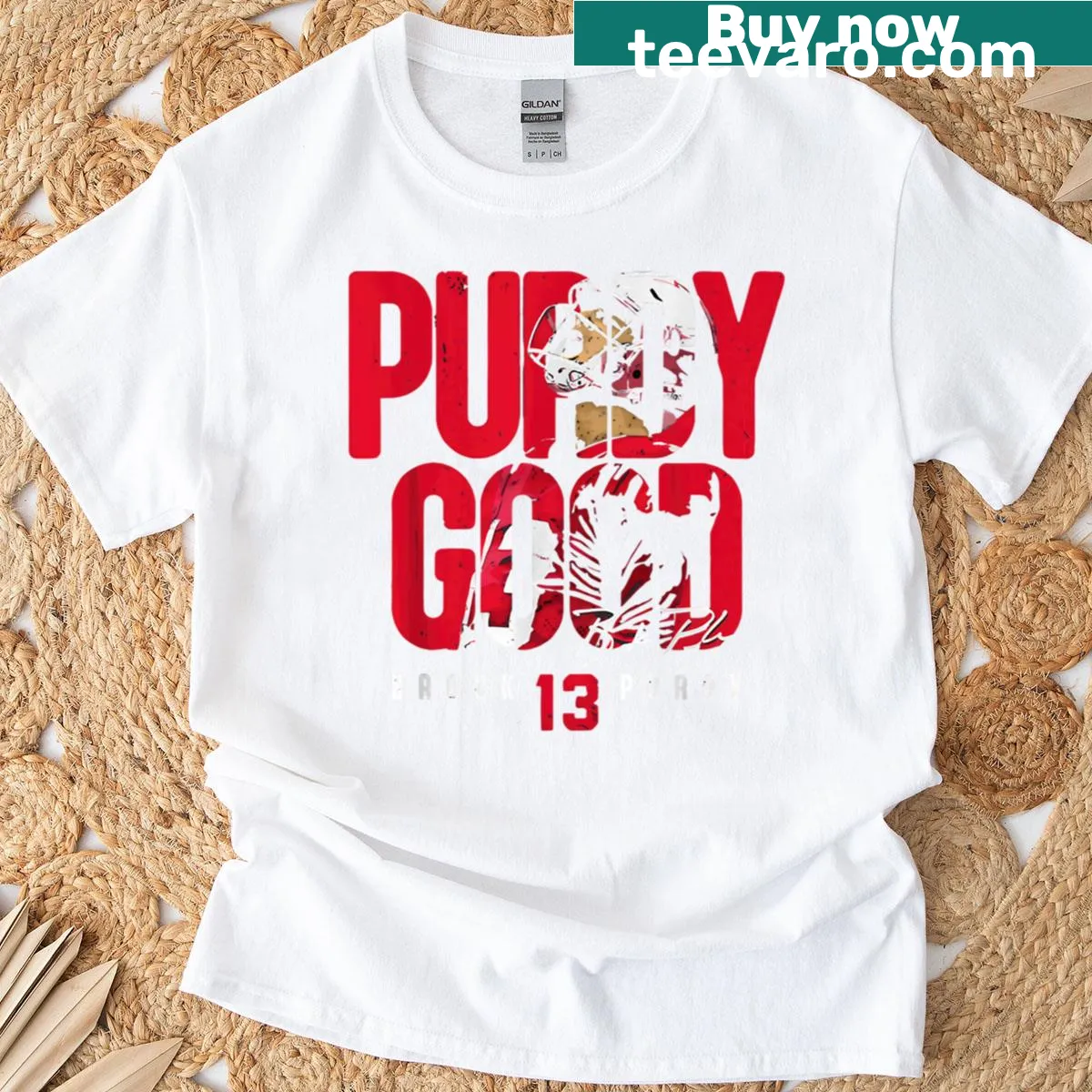 T-shirt with the phrase 'Brock Purdy Good' — on a men's t-shirt