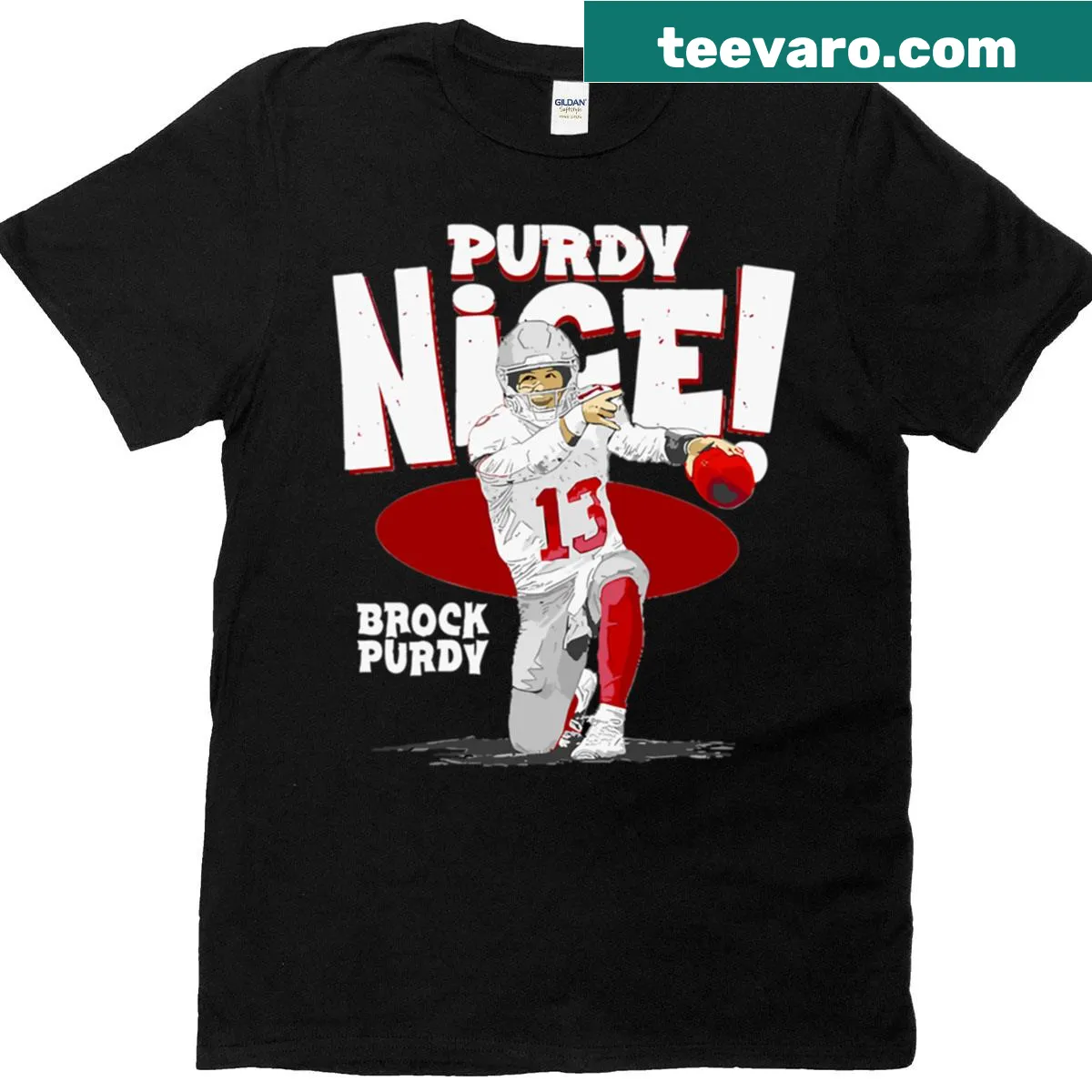 Funny typography T-shirt with the phrase 'Purdy Nice.' — on a men's t-shirt