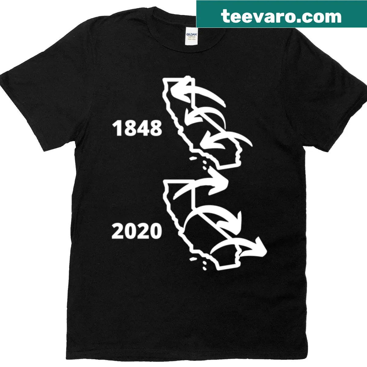 Illustrative 'California Exodus' T-shirt symbolizing a journey — on a men's t-shirt