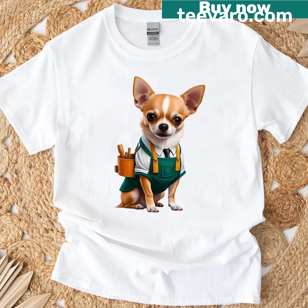 Cute Chihuahua in overalls with tools graphic on t-shirt — on a men's t-shirt