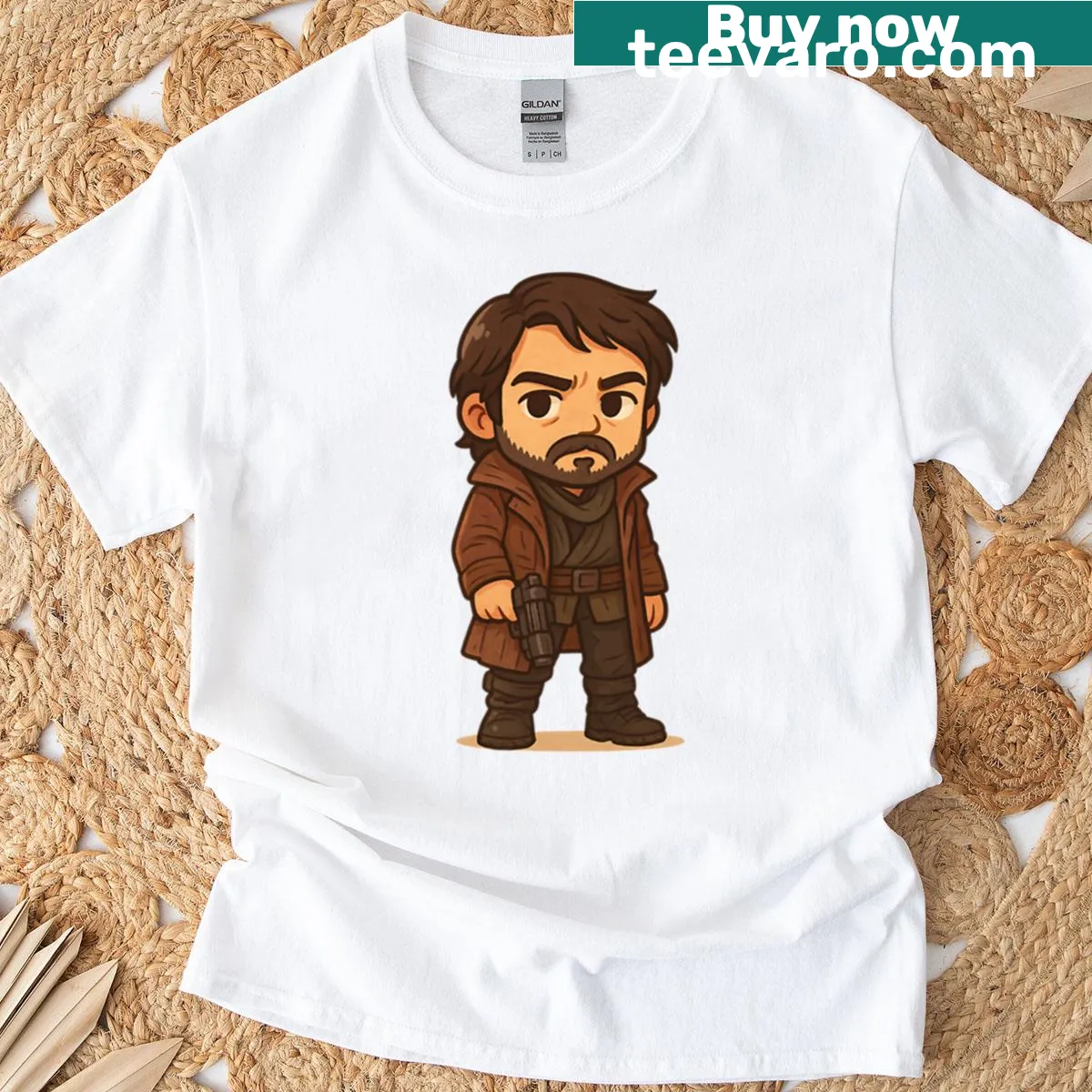 Chibi-style graphic of Cassian on t-shirt — on a men's t-shirt