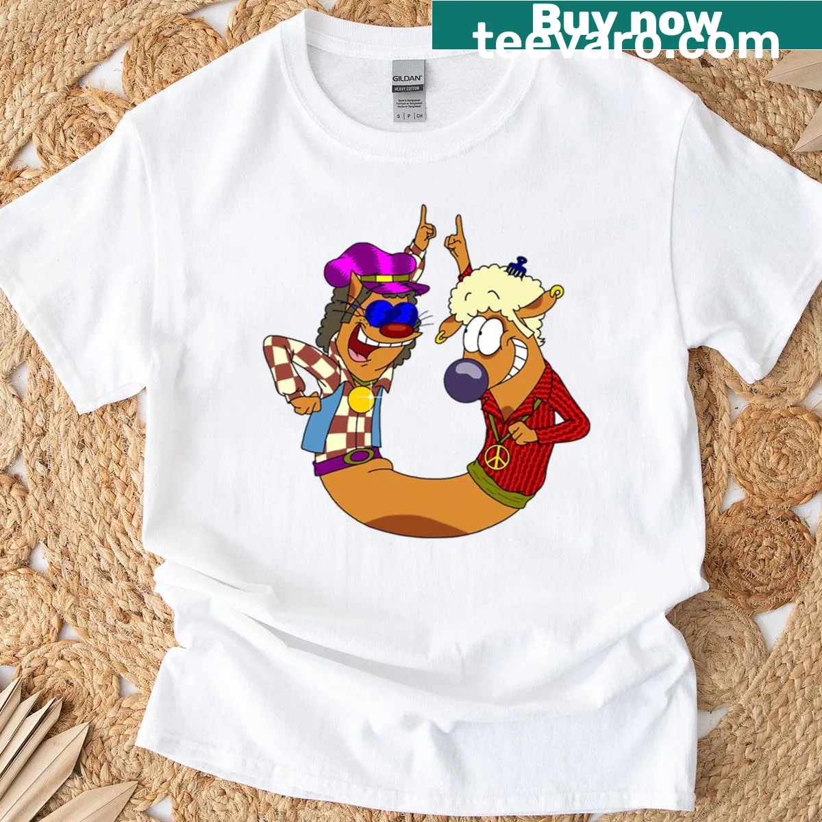 Retro graphic of Catdog on t-shirt — on a men's t-shirt
