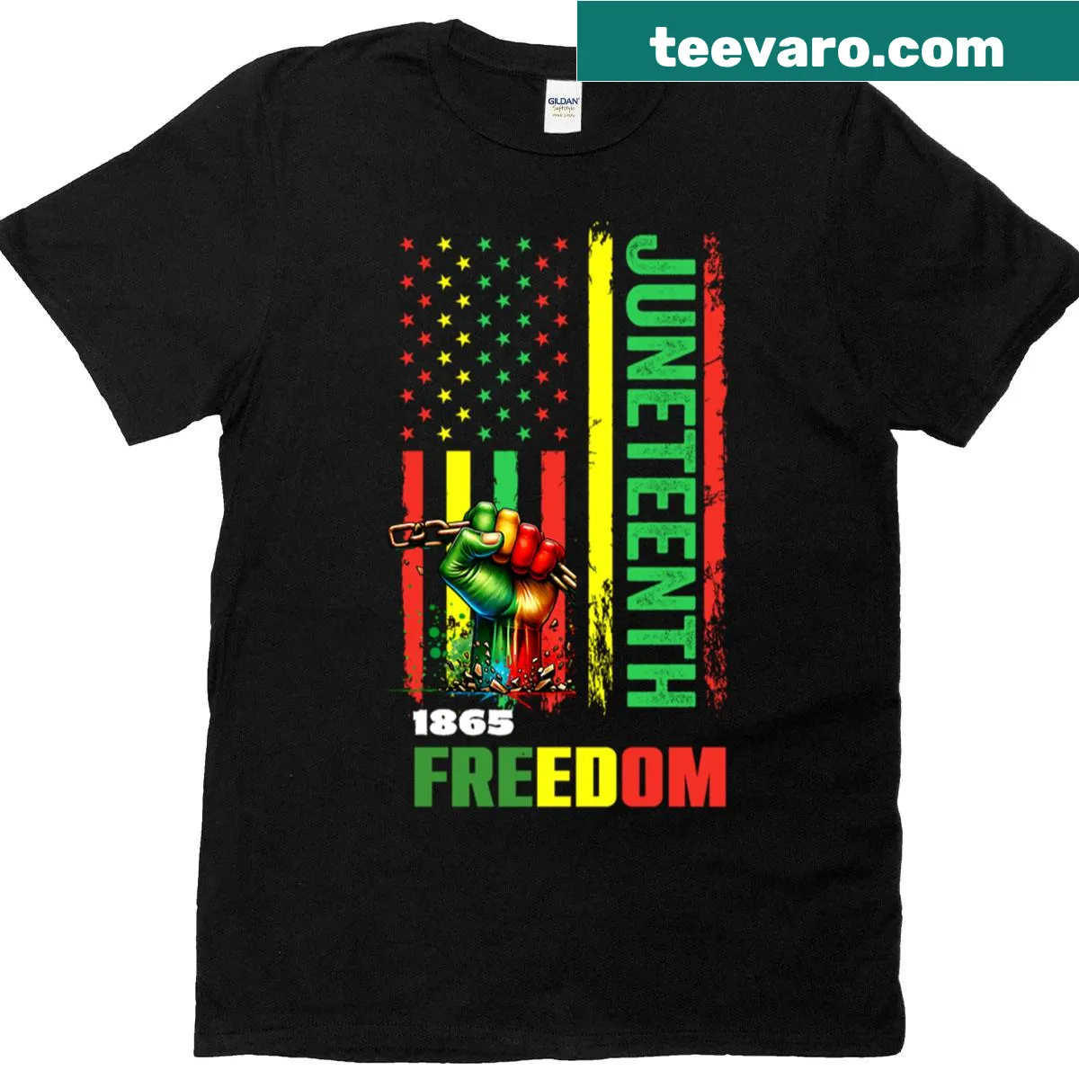 Juneteenth 1865 Independence Day flag T-shirt with powerful graphic — on a men's t-shirt