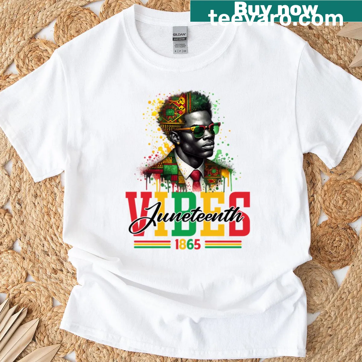 Graphic celebrating Juneteenth and Independence Day on t-shirt — on a men's t-shirt