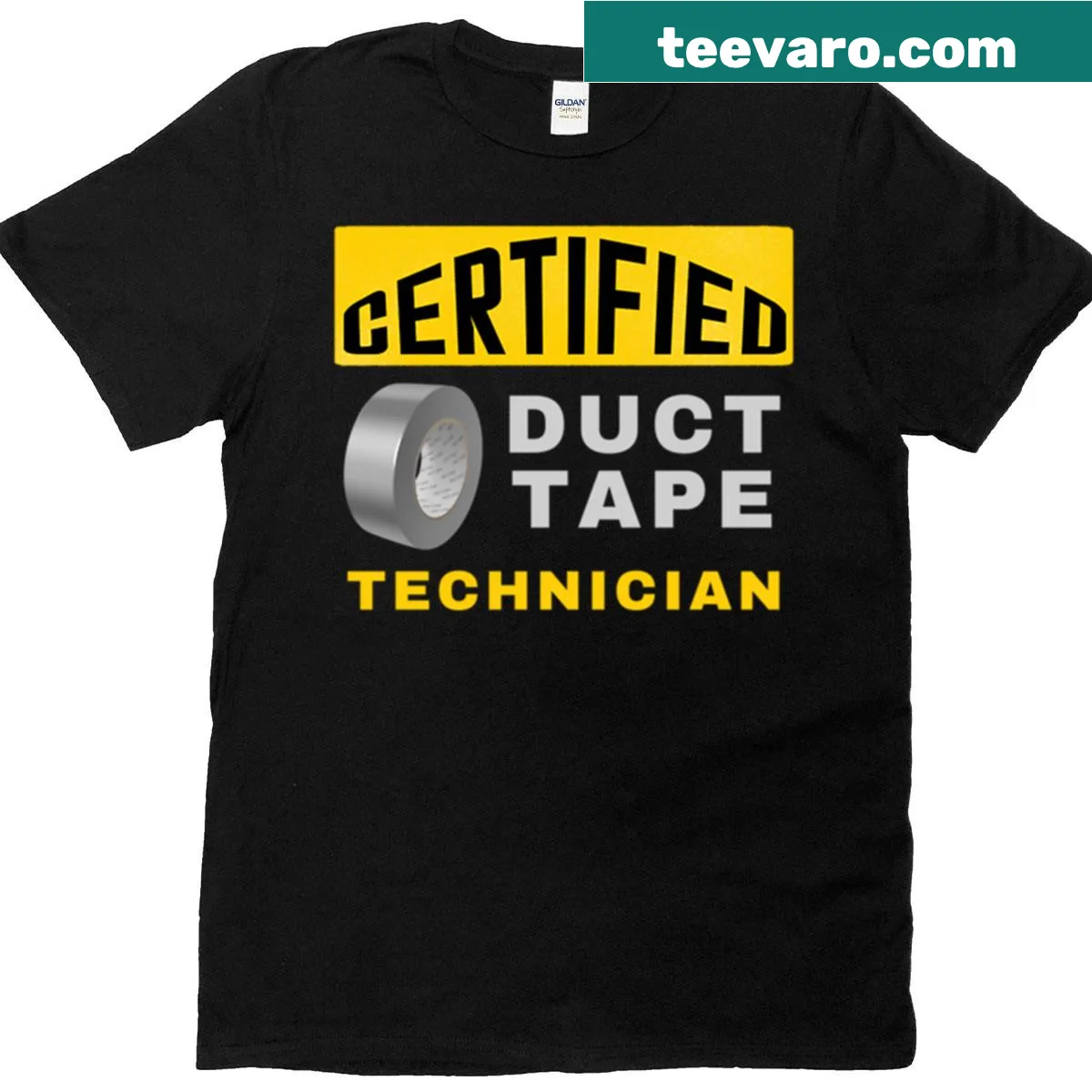 Funny T-shirt declaring Certified Duct Tape Technician for DIY enthusiasts — on a men's t-shirt
