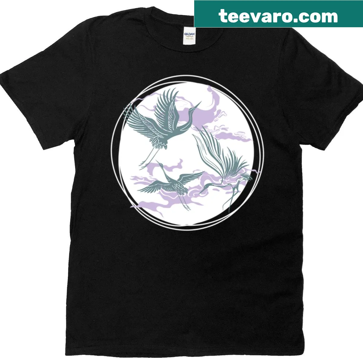 Oversized T-shirt with a serene graphic of cranes in flight — on a men's t-shirt