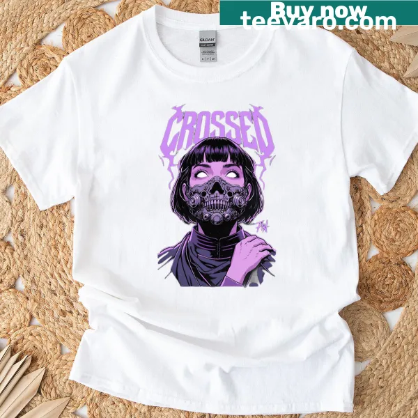 T-shirt featuring a cyberpunk mask in a dark futuristic style