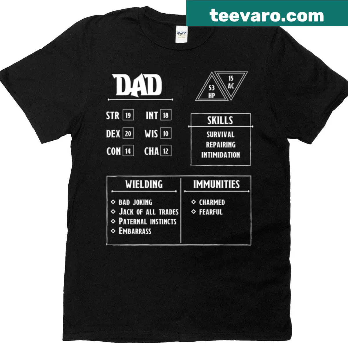 Dad Character Sheet T-shirt for D&D fans — on a men's t-shirt