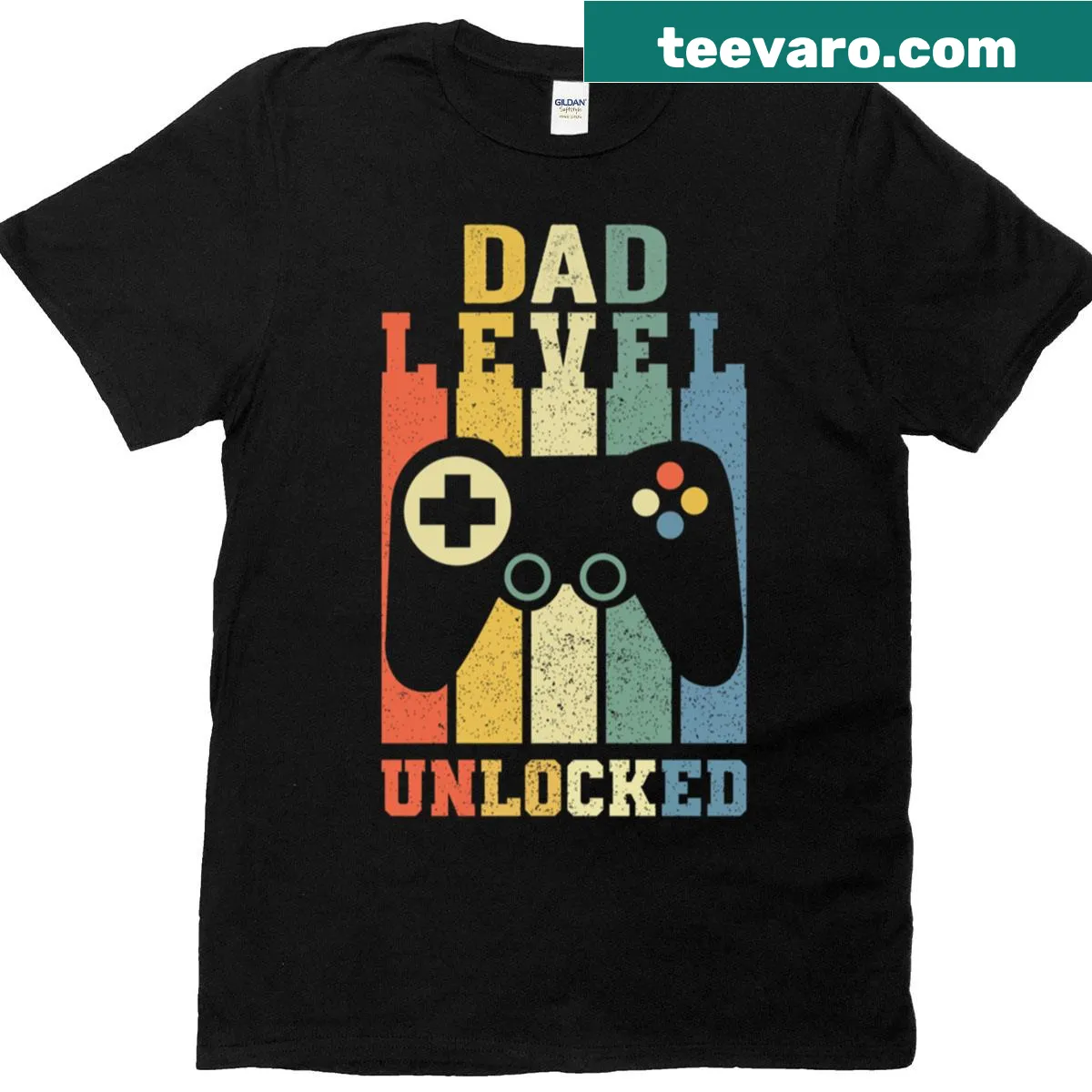 Humorous t-shirt featuring 'Dad Level Unlocked' for new dads — on a men's t-shirt