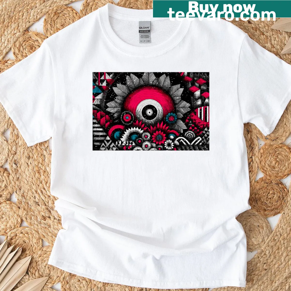 Nature-inspired graphic T-shirt with an ashen sun theme — on a men's t-shirt