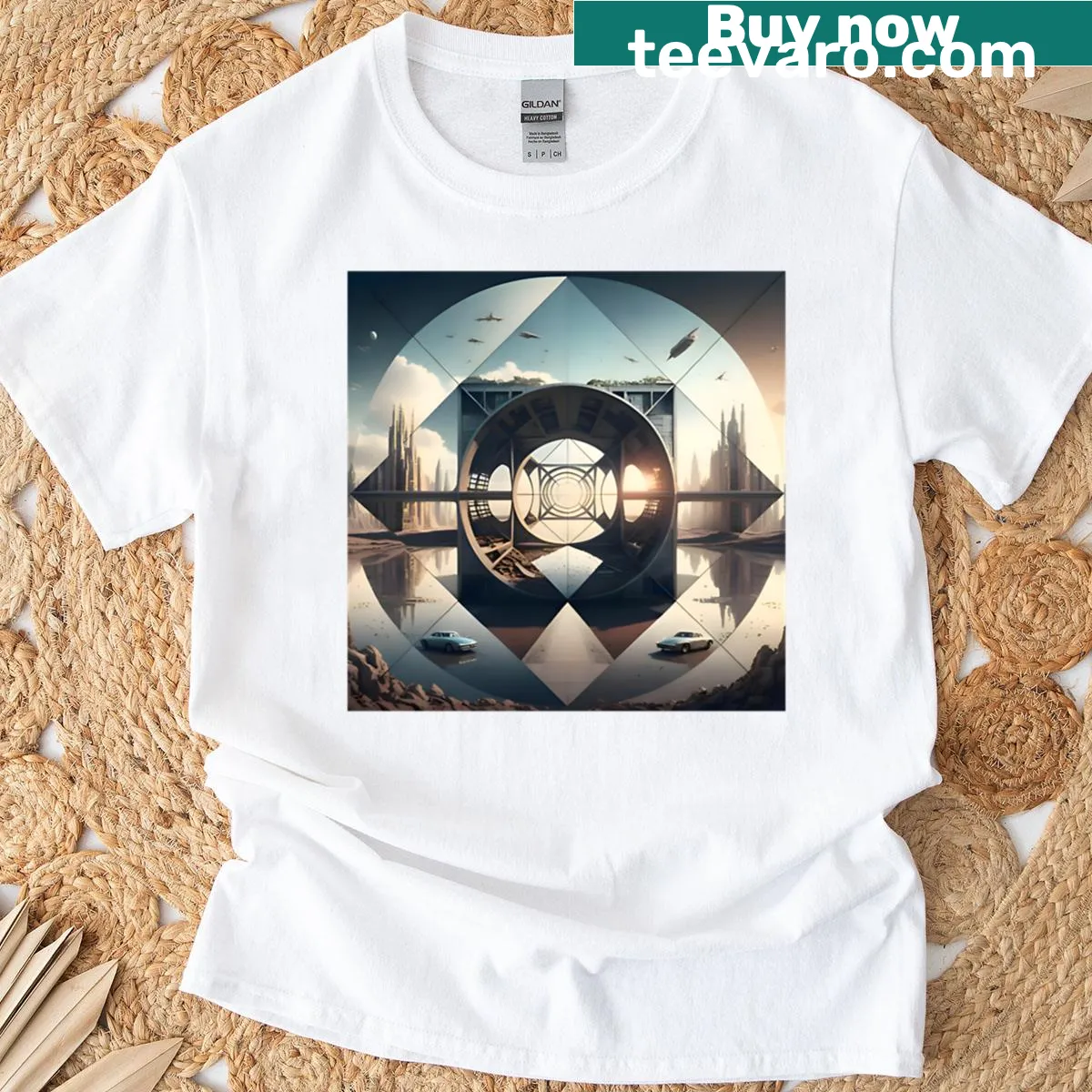 Oversized t-shirt featuring a futuristic cityscape — on a men's t-shirt