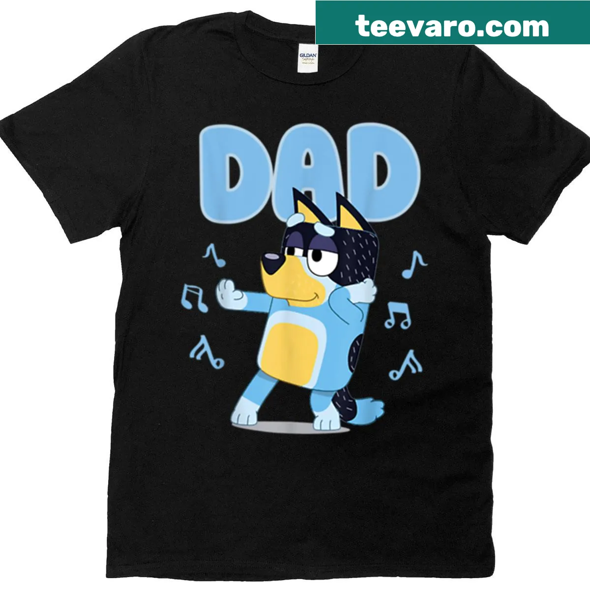 Illustrative t-shirt celebrating fatherhood with Bluey theme — on a men's t-shirt