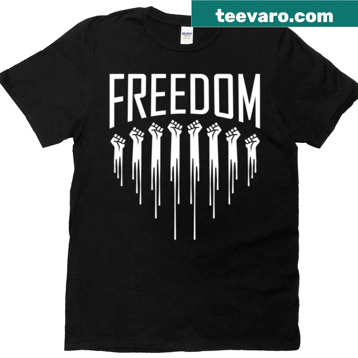 T-shirt featuring the word 'Freedom' in bold typography — on a men's t-shirt