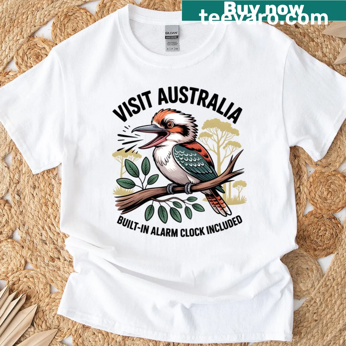 Humorous illustration of a kookaburra on a t-shirt. — on a men's t-shirt