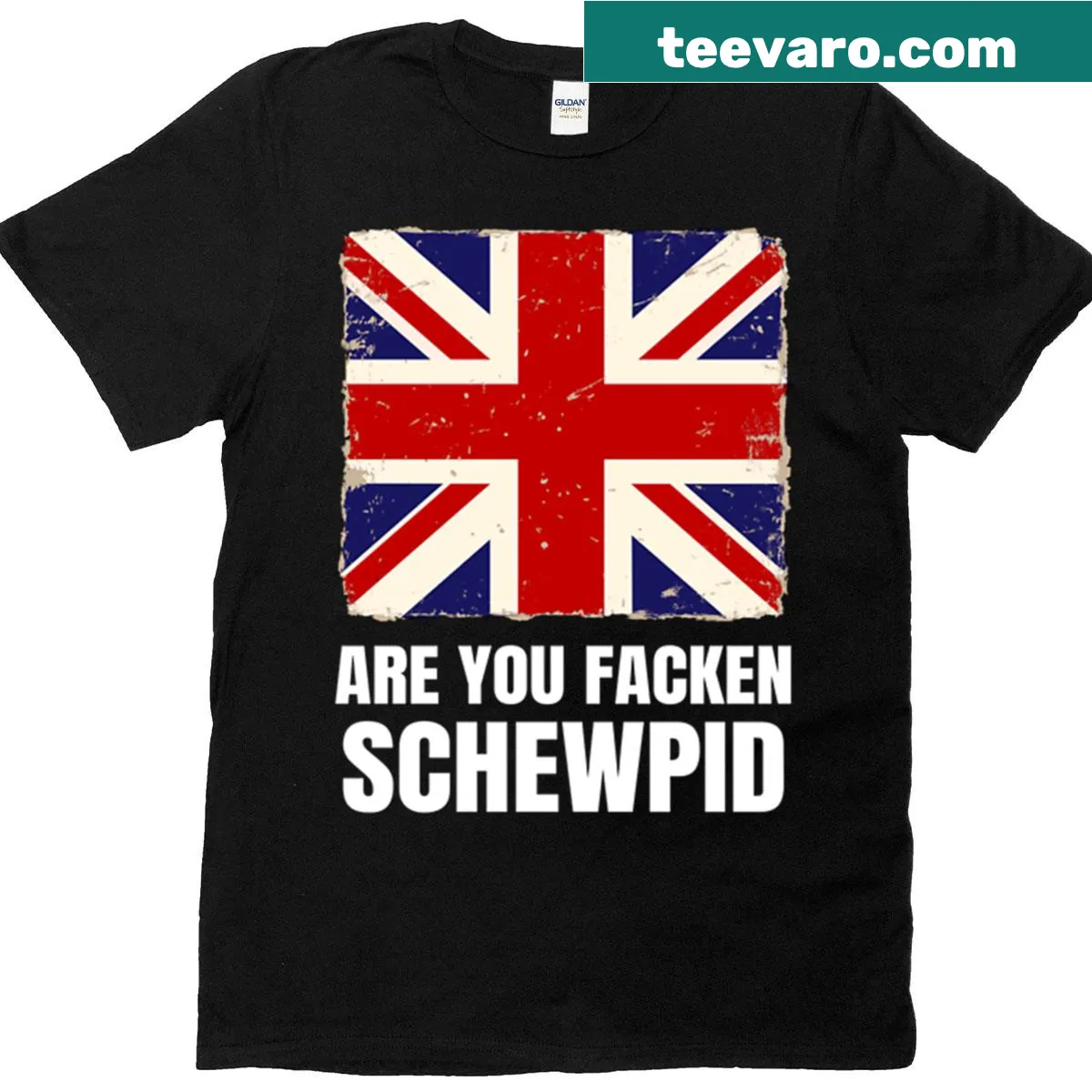 T-shirt featuring a humorous British saying and UK flag design — on a men's t-shirt