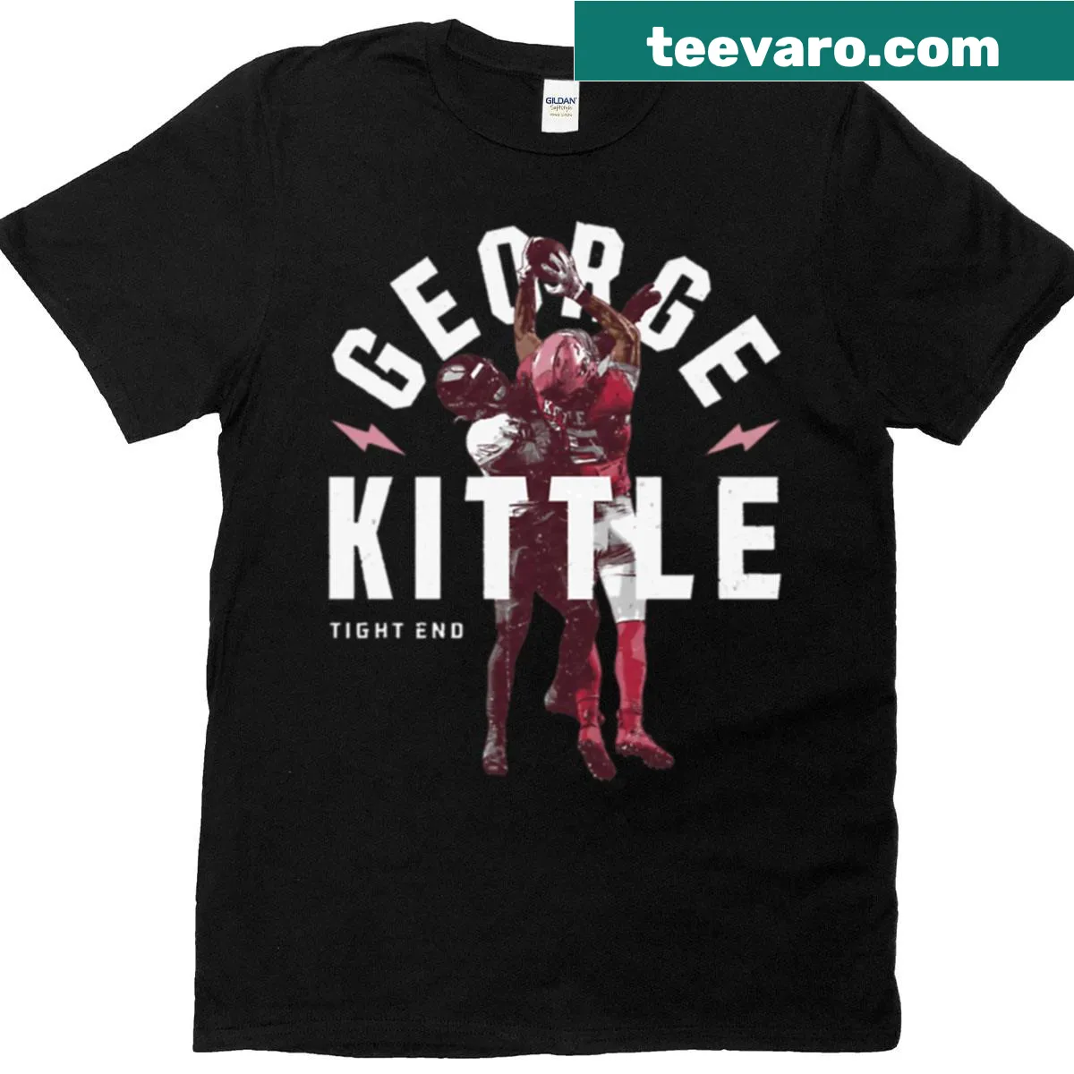 San Francisco T-shirt featuring tribute to George Kittle's iconic catch. — on a men's t-shirt