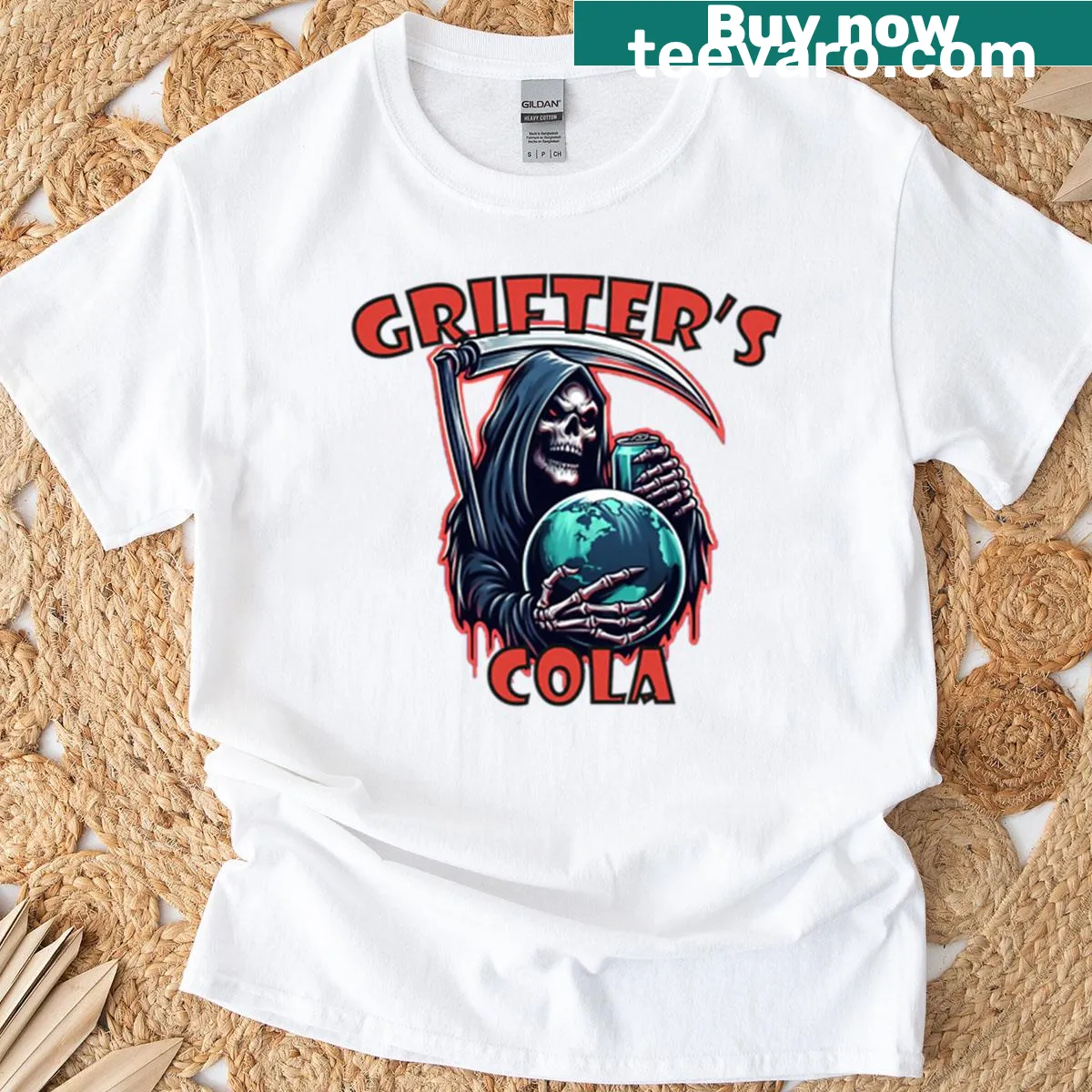 Cartoon graphic T-shirt featuring 'Grifters Cola - Reaper' design. — on a men's t-shirt