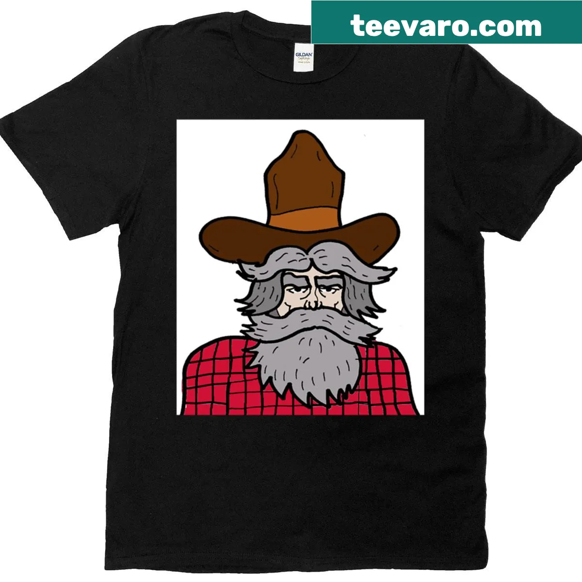 Illustration of a grizzly prospector with mountains and mining tools — on a men's t-shirt