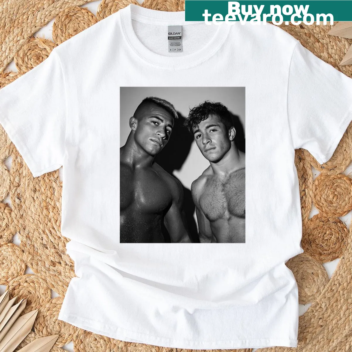 Graphic T-shirt featuring a humorous cartoon of two wrestlers — on a men's t-shirt