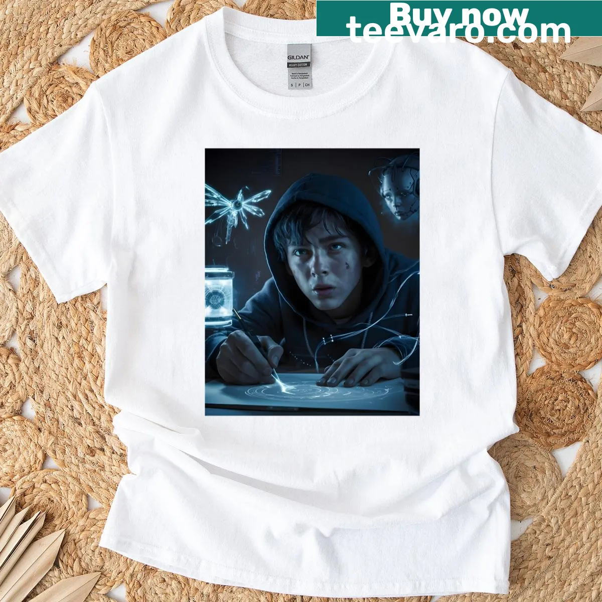 Playful tee with an illustration of a hooded teen dreaming of the future — on a men's t-shirt