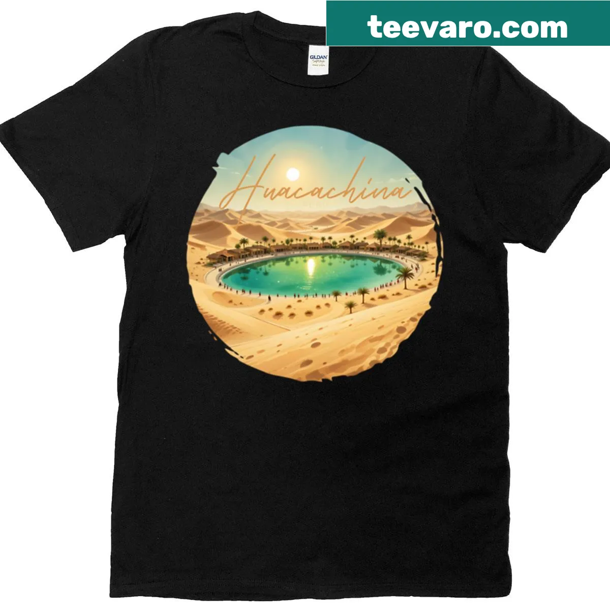 Illustrated t-shirt featuring Huacachina oasis in Ica, Peru — on a men's t-shirt
