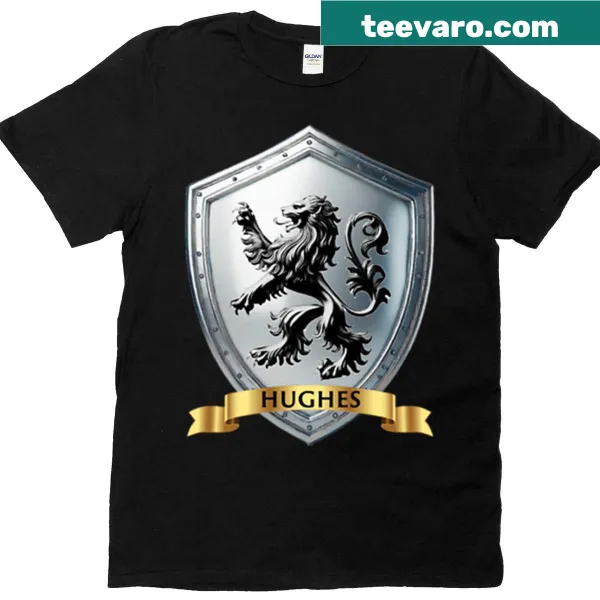 Hughes Crest T-shirt featuring silver lion and name banner