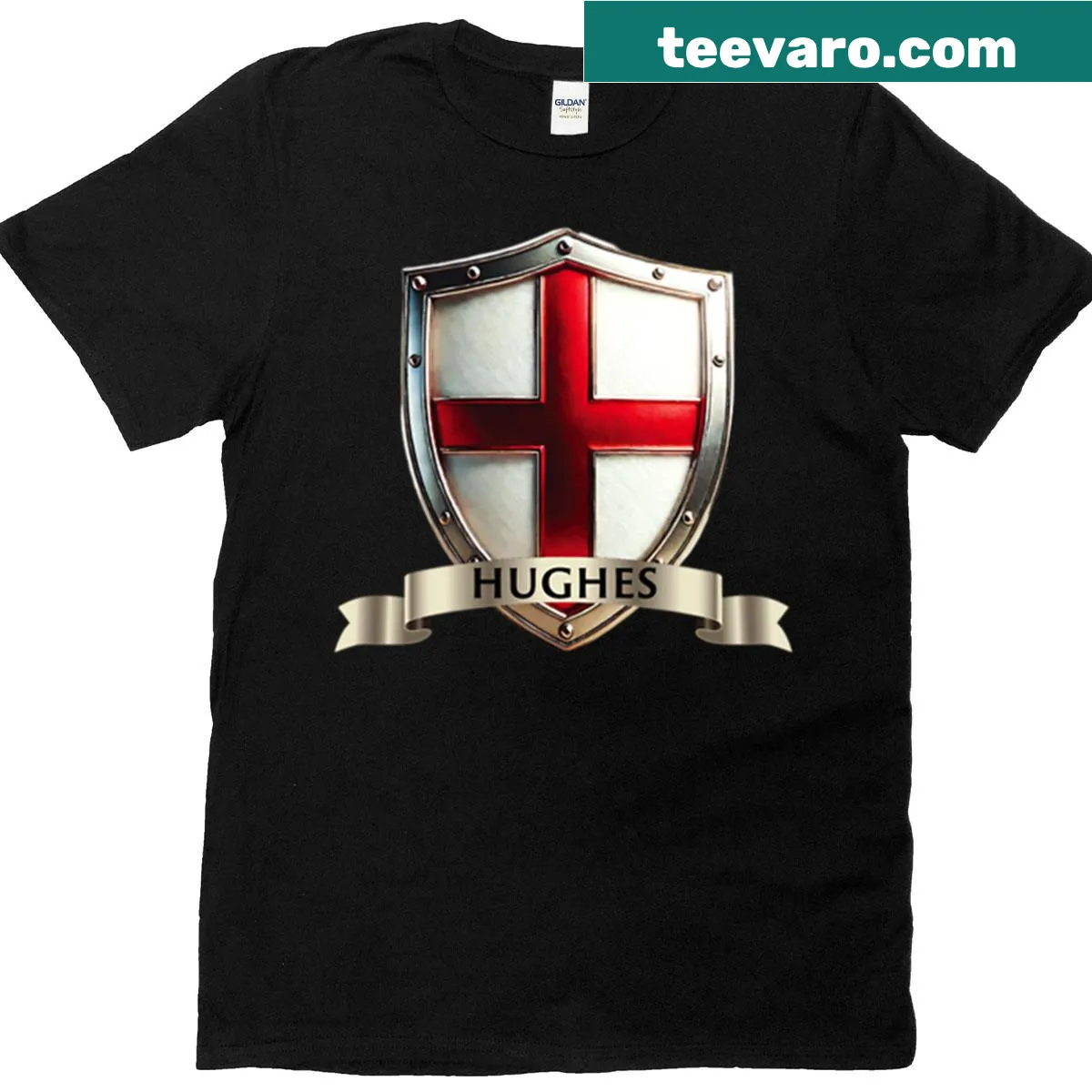 Hughes English Shield T-shirt with St Georges Cross and name banner — on a men's t-shirt