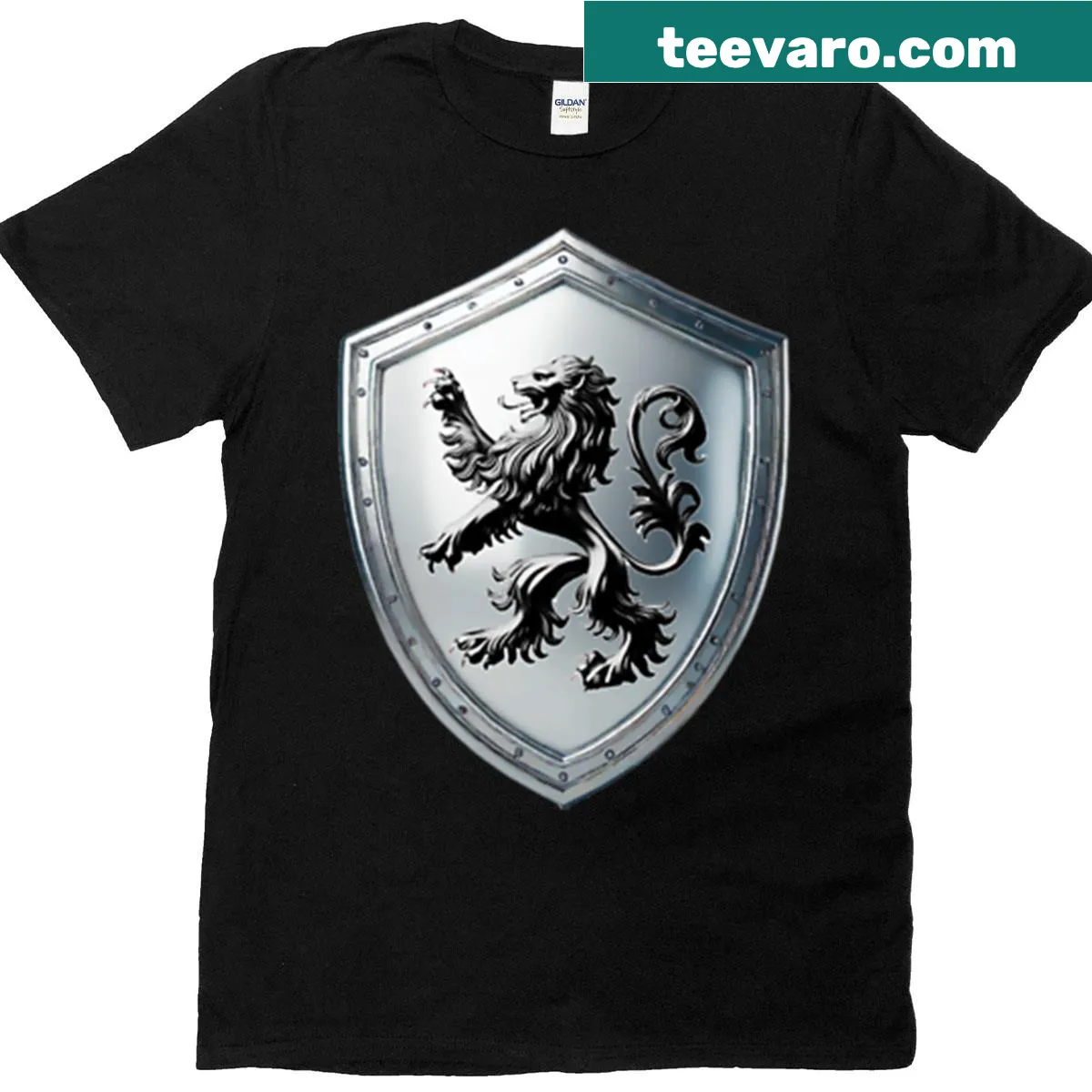 Heraldic t-shirt featuring rampant black lion emblem — on a men's t-shirt