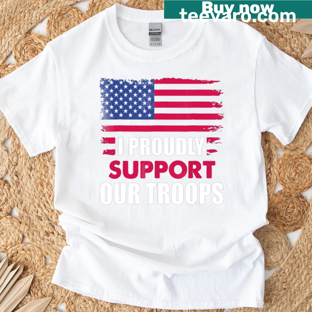T-shirt with a patriotic message supporting troops — on a men's t-shirt