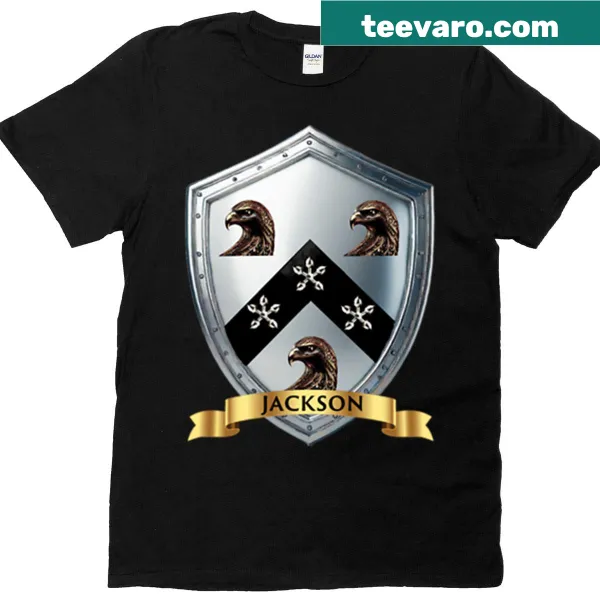 Jackson family crest T-shirt featuring an emblematic shield and banner.