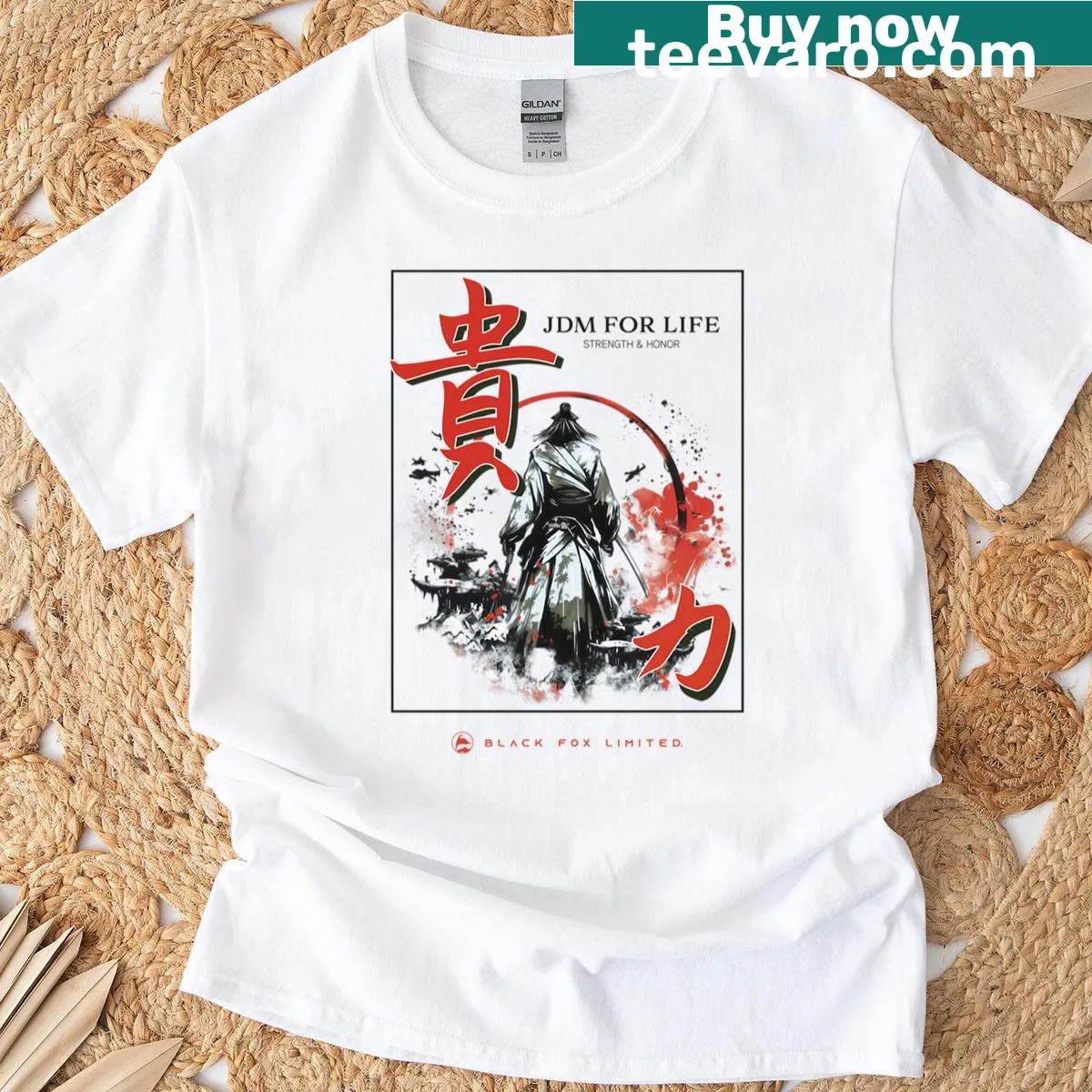 JDM themed t-shirt with samurai strength and honor graphic — on a men's t-shirt