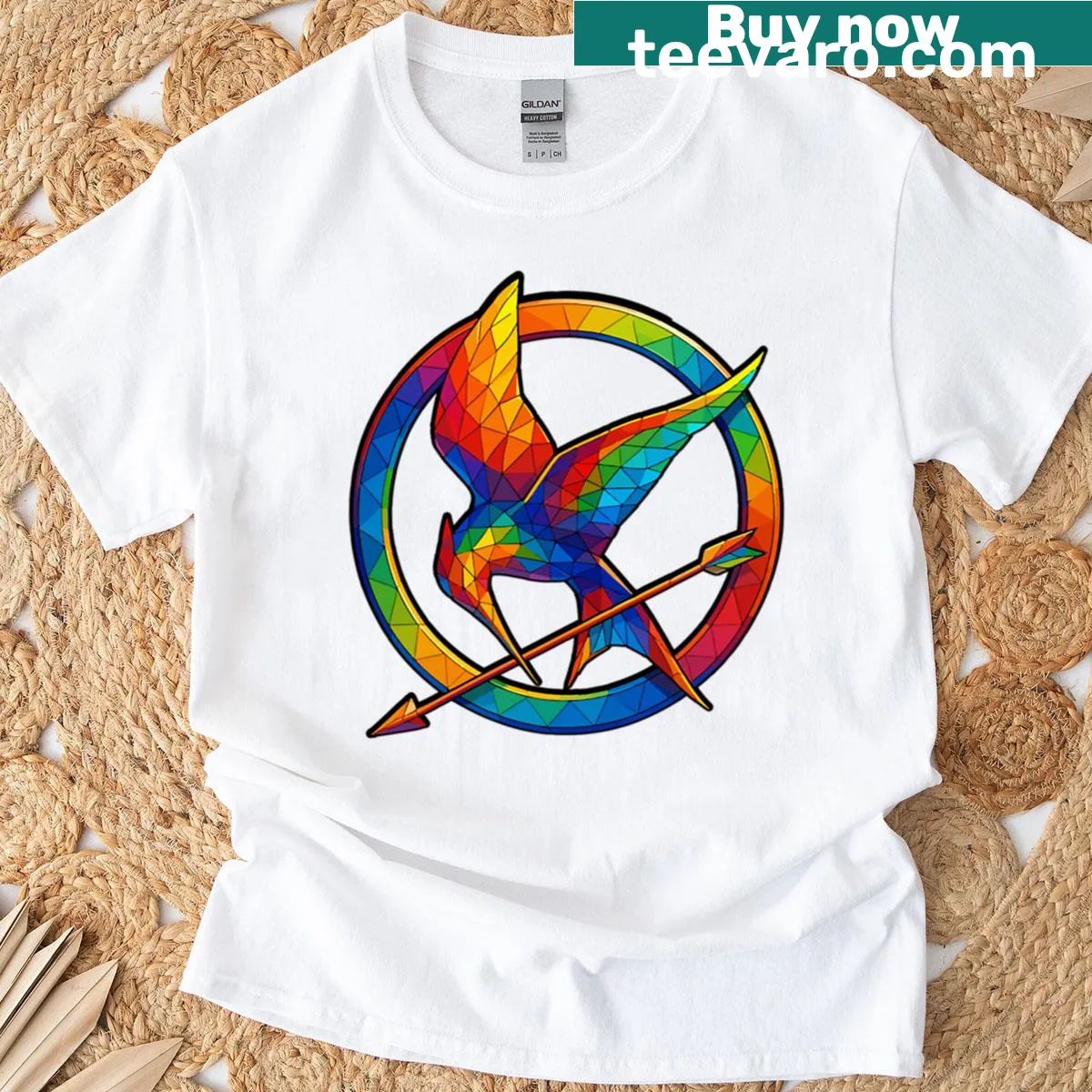 Oversized t-shirt with a mosaic-style logo inspired by Katniss — on a men's t-shirt