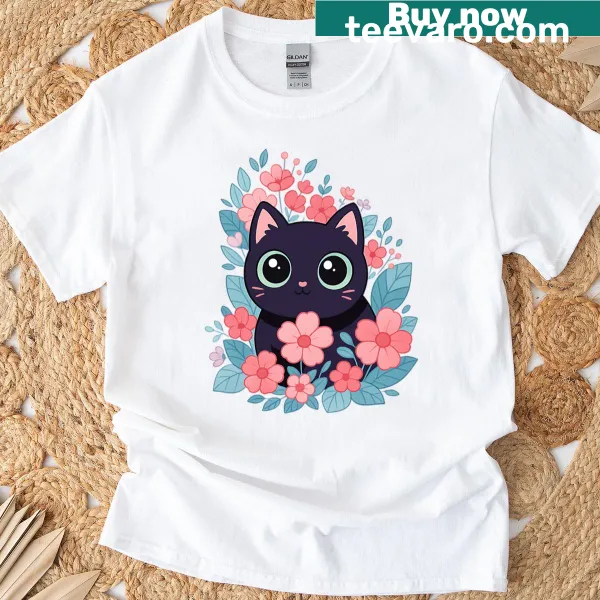 Kawaii oversized black cat T-shirt with flower illustrations