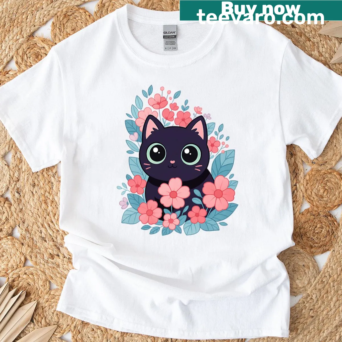 Kawaii oversized black cat T-shirt with flower illustrations — on a men's t-shirt