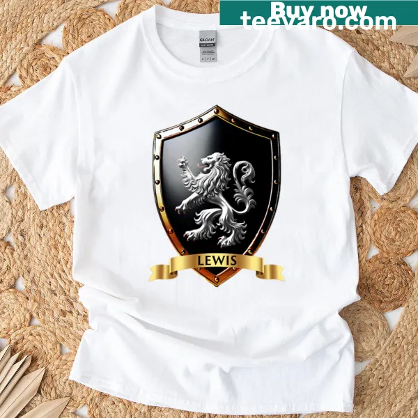 Family shield T-shirt featuring a silver lion and name banner