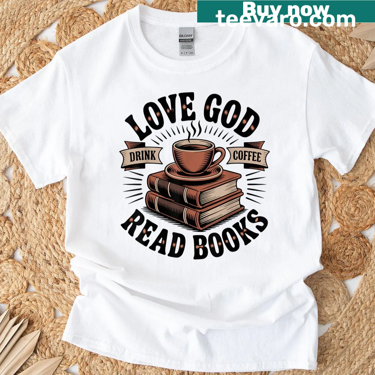 Vintage T-shirt with a design about love for God, coffee, and reading — on a men's t-shirt