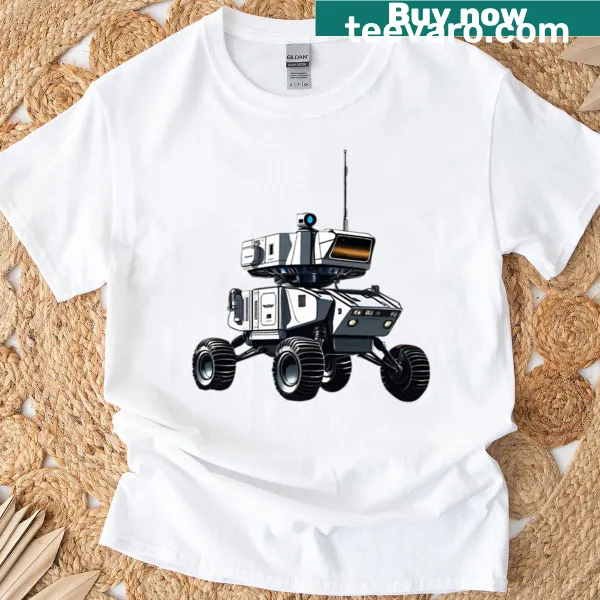 T-shirt featuring a playful illustration of a lunar rover in space.