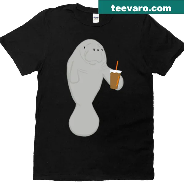 Cartoon manatee enjoying iced coffee on T-shirt