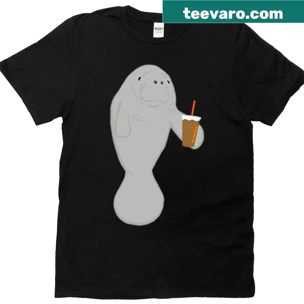 Cartoon manatee enjoying iced coffee on T-shirt — on a men's t-shirt