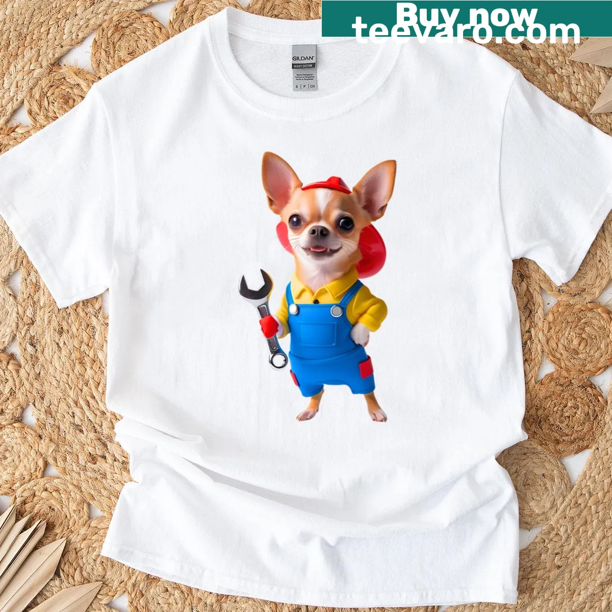 Funny t-shirt with a cartoon Chihuahua holding a wrench — on a men's t-shirt