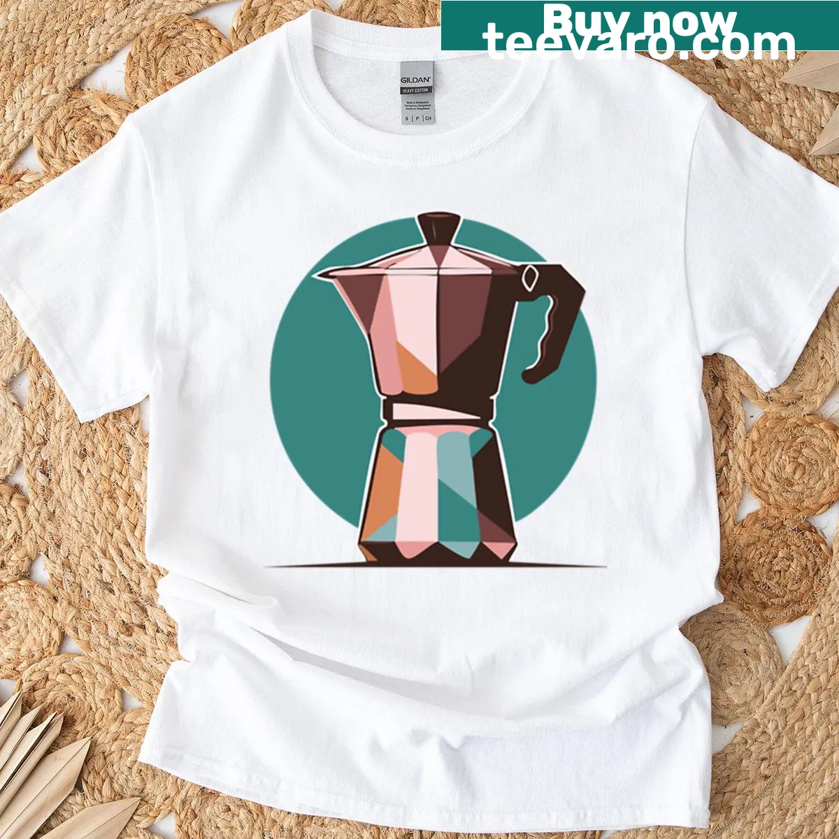 Illustration of a moka pot on a coffee-themed t-shirt — on a men's t-shirt