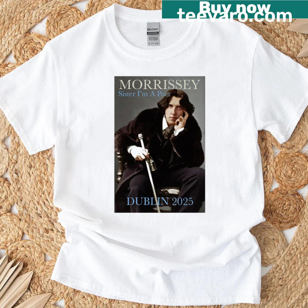 Graphic T-shirt blending music and literature themes with Morrissey and Oscar Wilde — on a men's t-shirt